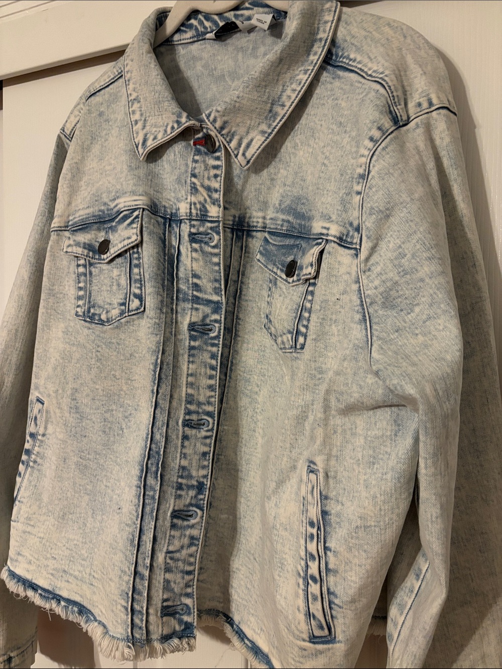 Peace Love World Denim Jacket Womens 2XL Blue Acid Wash Good Mood Frayed Hem
